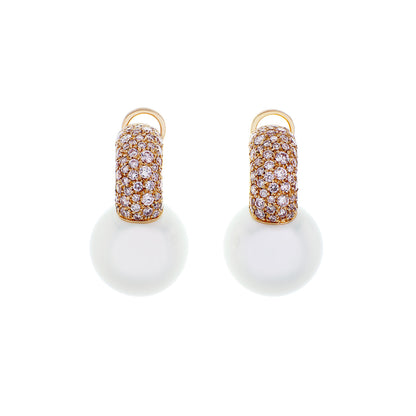 Exclusive Mikimoto 18K Rose Gold South Sea Pearl Pink Diamond Earrings — Front View