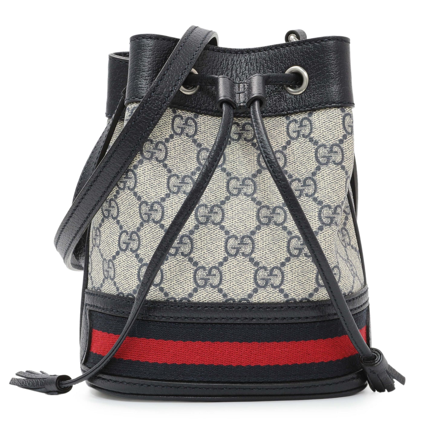 Exclusive Gucci Blue GG Supreme Monogram Web Mini Ophidia Bucket Bag — Front View