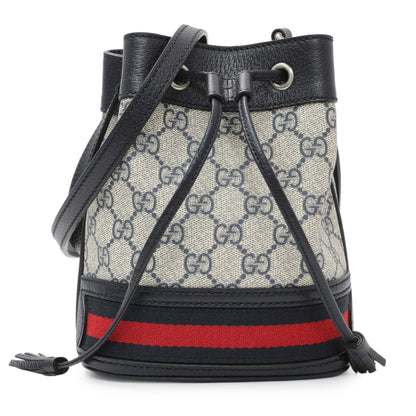Exclusive Gucci Blue GG Supreme Monogram Web Mini Ophidia Bucket Bag — Front View
