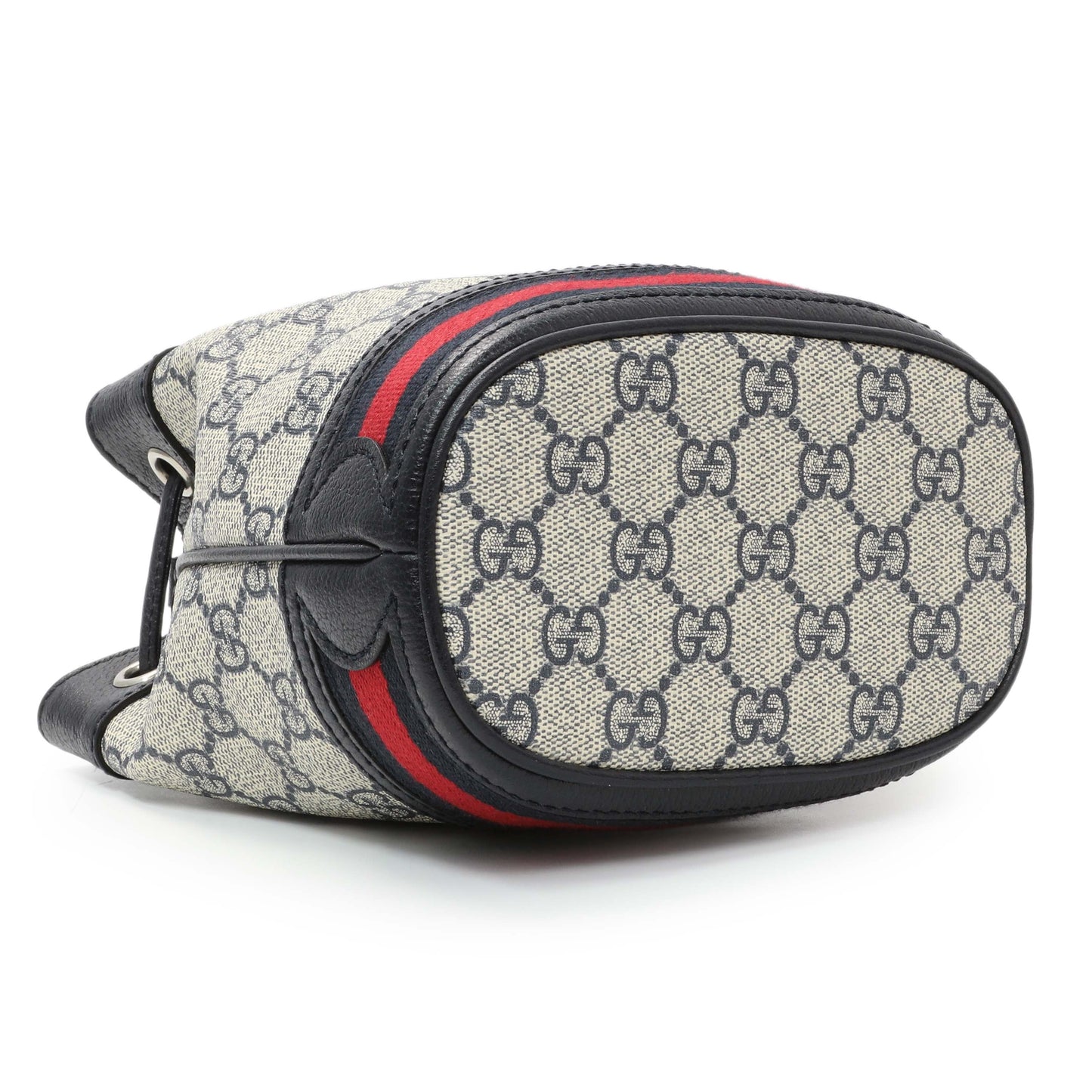 Exclusive Gucci Blue GG Supreme Monogram Web Mini Ophidia Bucket Bag — Back View
