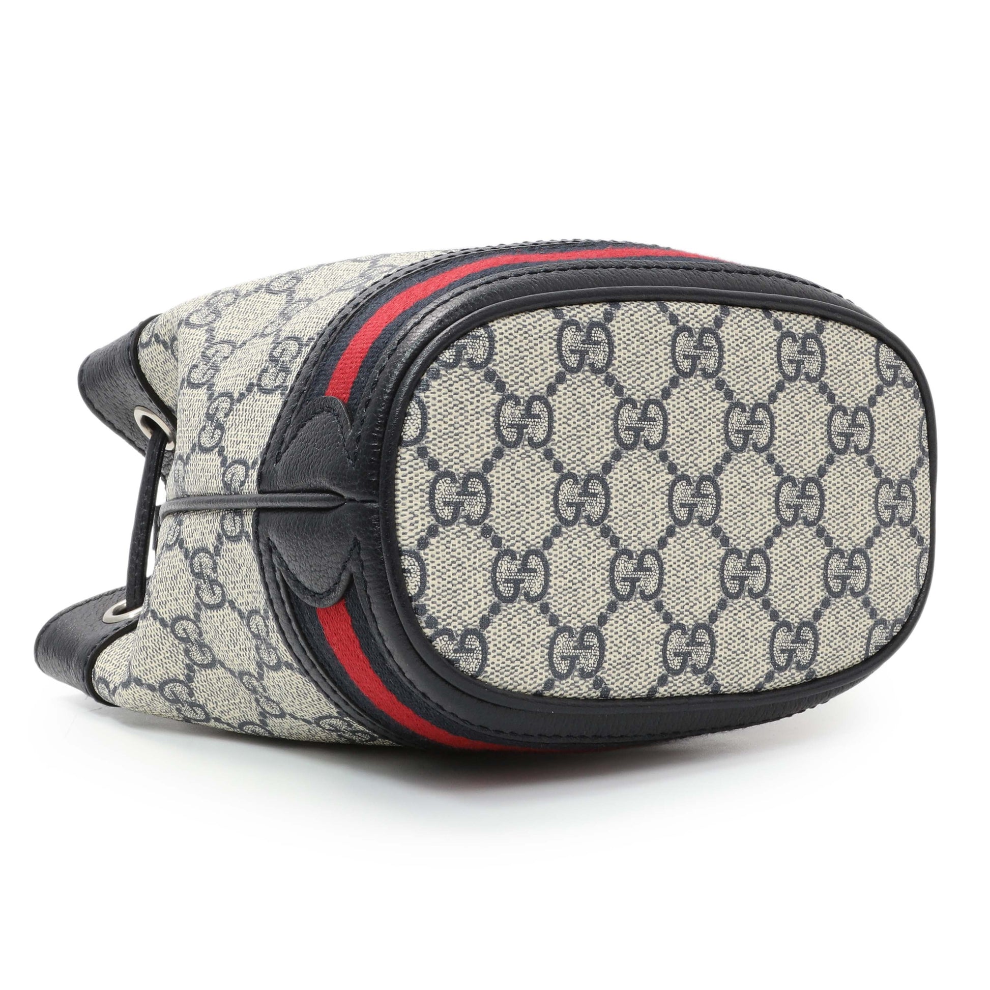 Exclusive Gucci Blue GG Supreme Monogram Web Mini Ophidia Bucket Bag — Back View