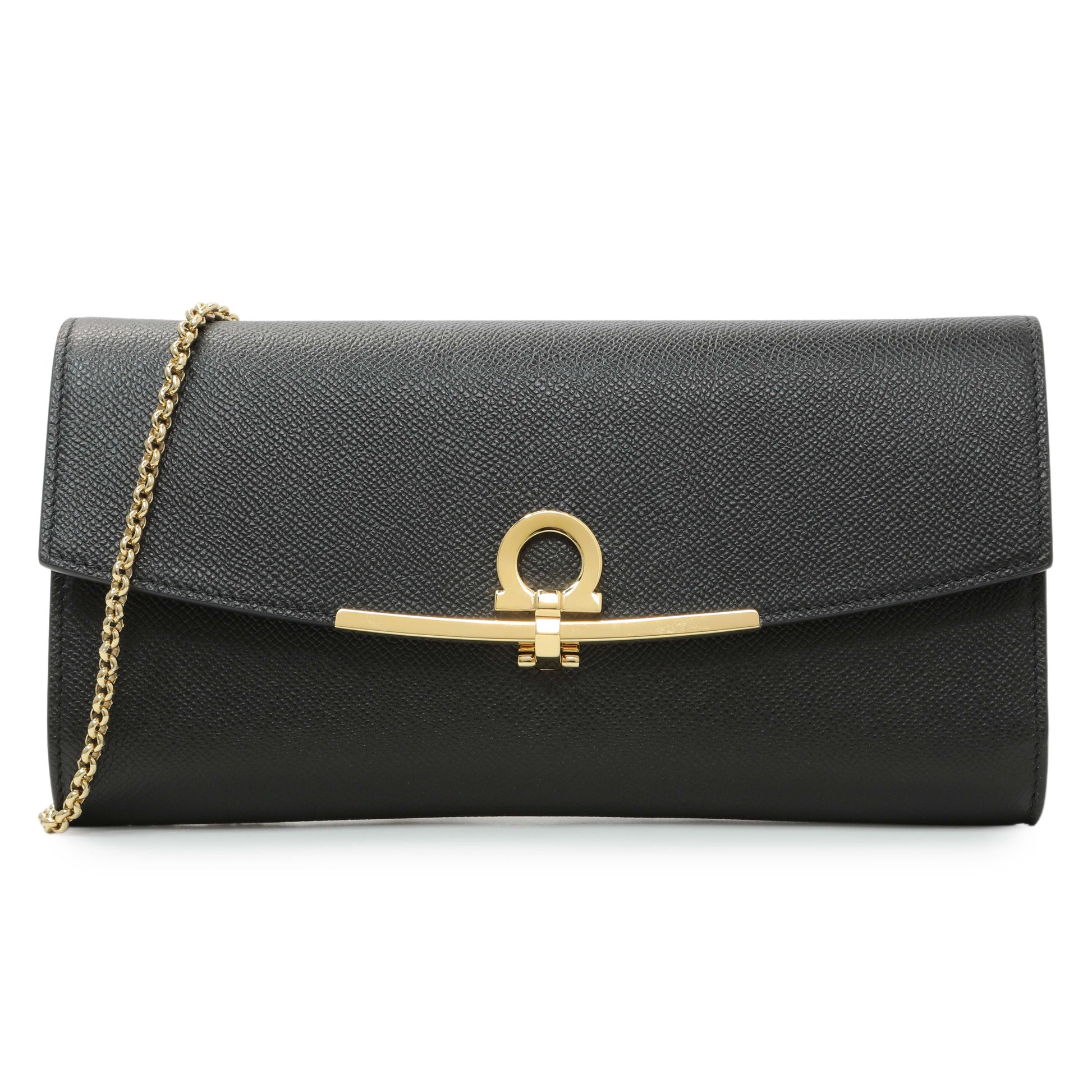 Exclusive Salvatore Ferragamo Black Grained Calfskin Gancio Clasp Chain Clutch — Front View