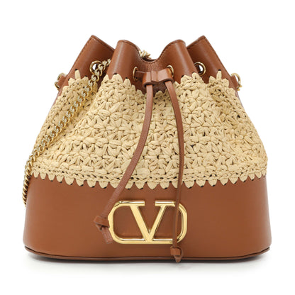 Exclusive Valentino Raffia Calfskin Vlogo Bucket Bag — Front View