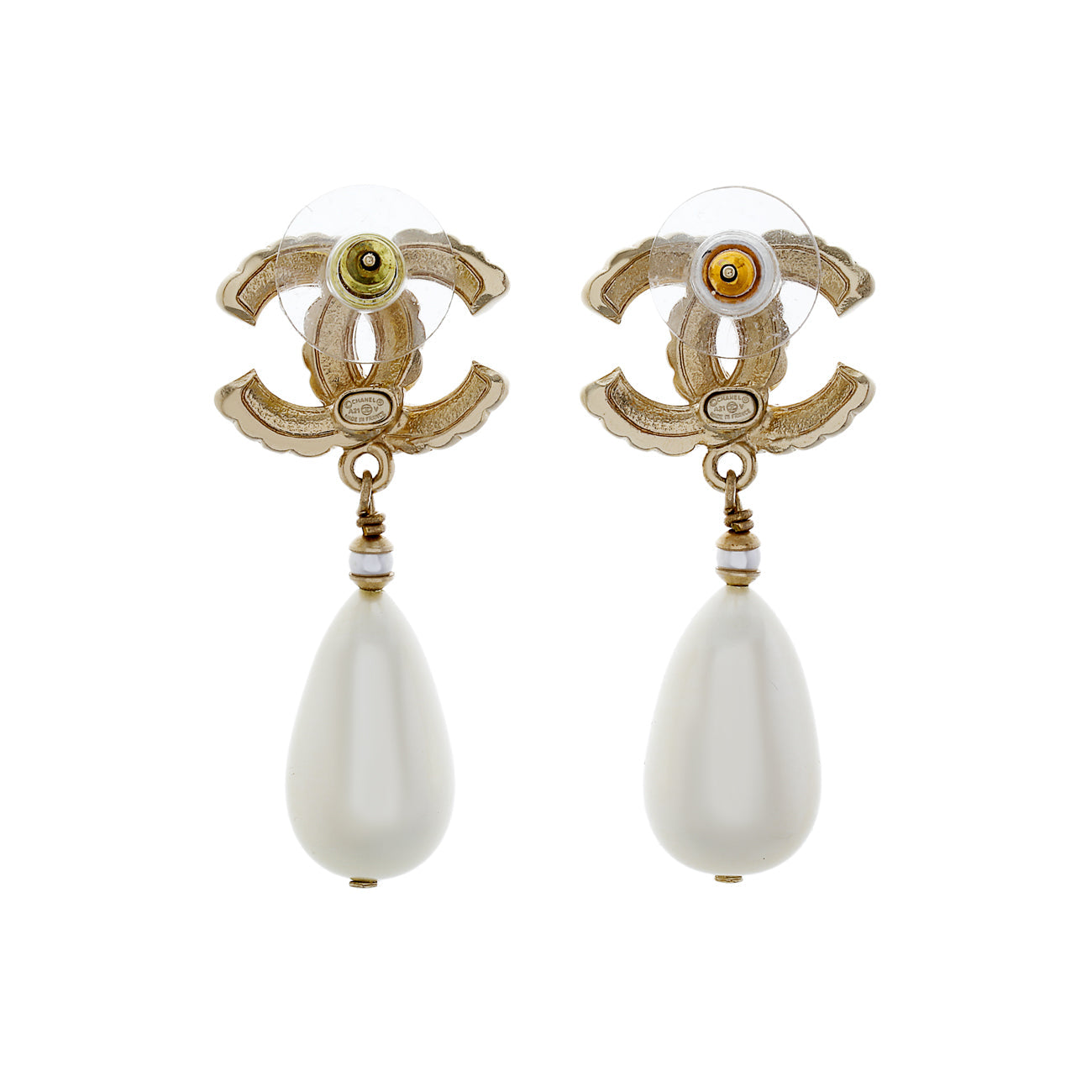 Exclusive Chanel CC Pearl Drop Earrings — Side View