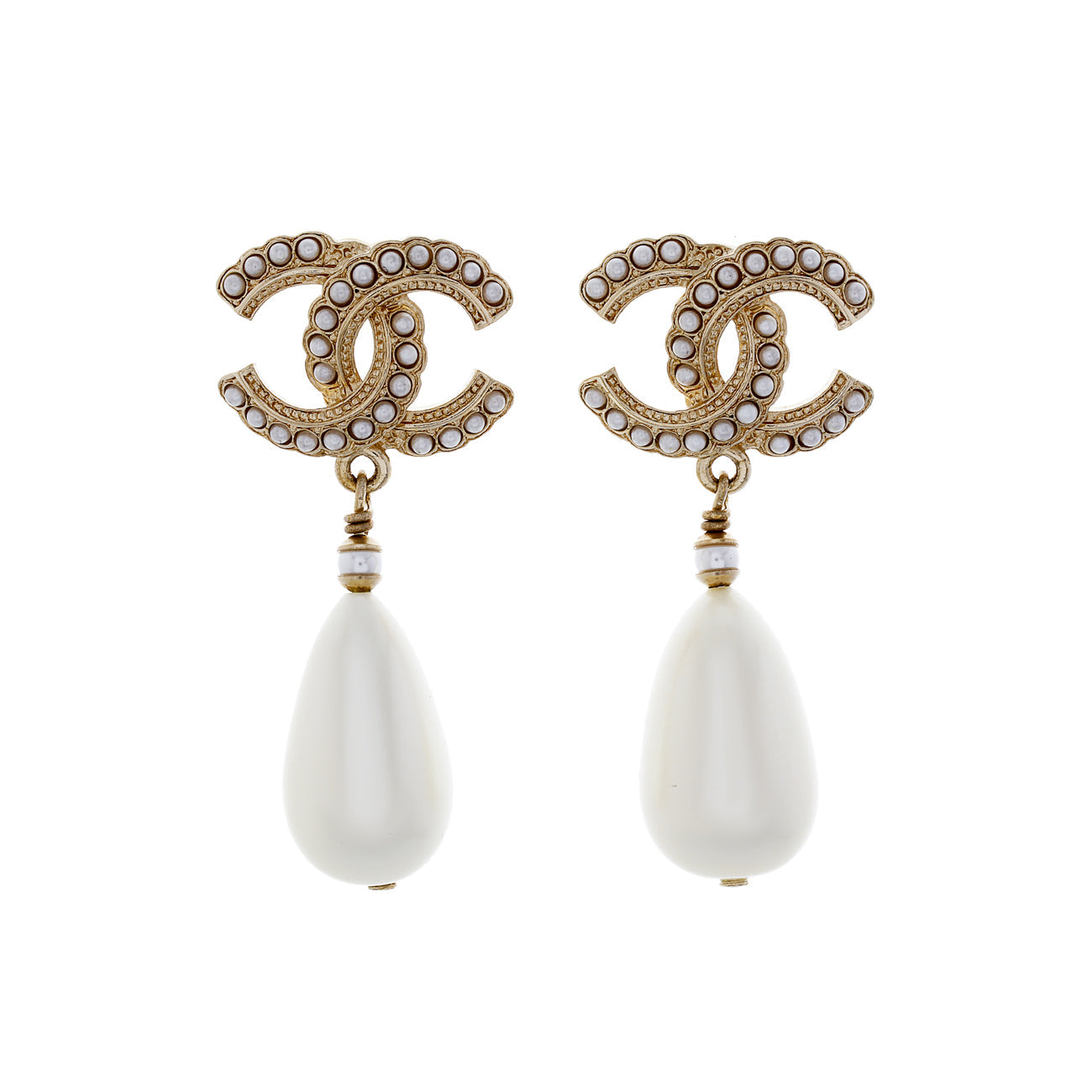 Exclusive Chanel CC Pearl Drop Earrings — Front View