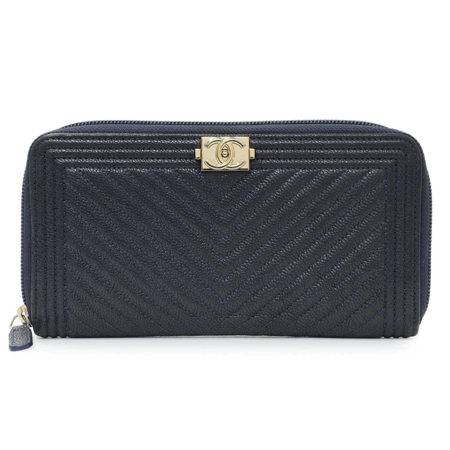 Exclusive Chanel Navy Chevron Quilted Caviar Boy Long Zip Around Wallet — Front View