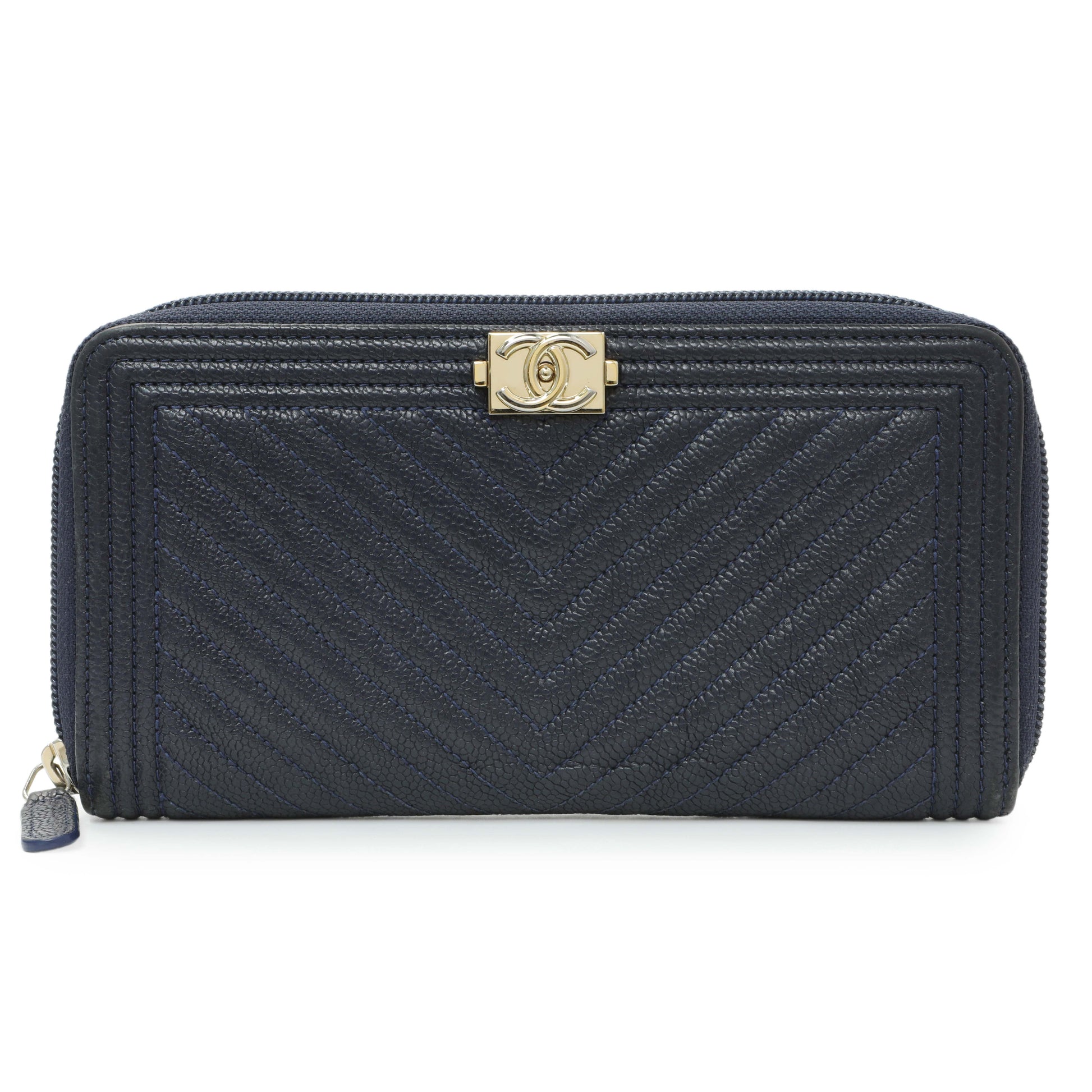 Exclusive Chanel Navy Chevron Quilted Caviar Boy Long Zip Around Wallet — Front View