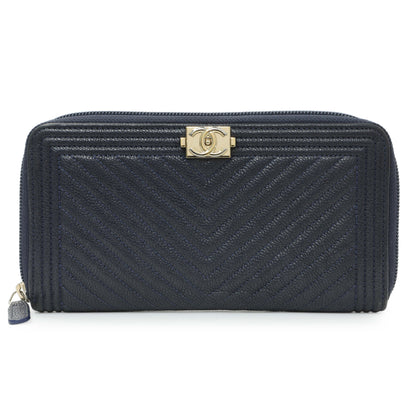 Exclusive Chanel Navy Chevron Quilted Caviar Boy Long Zip Around Wallet — Front View