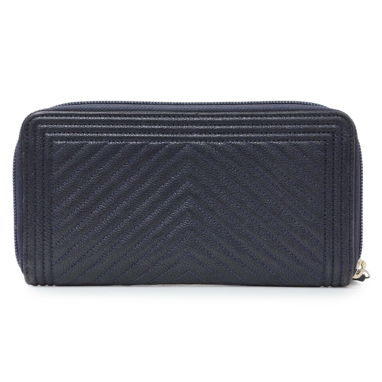Exclusive Chanel Navy Chevron Quilted Caviar Boy Long Zip Around Wallet — Side View