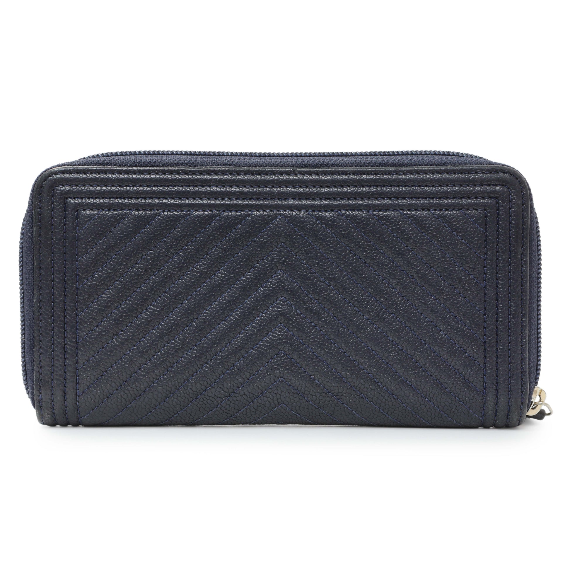 Exclusive Chanel Navy Chevron Quilted Caviar Boy Long Zip Around Wallet — Side View