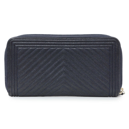 Exclusive Chanel Navy Chevron Quilted Caviar Boy Long Zip Around Wallet — Side View