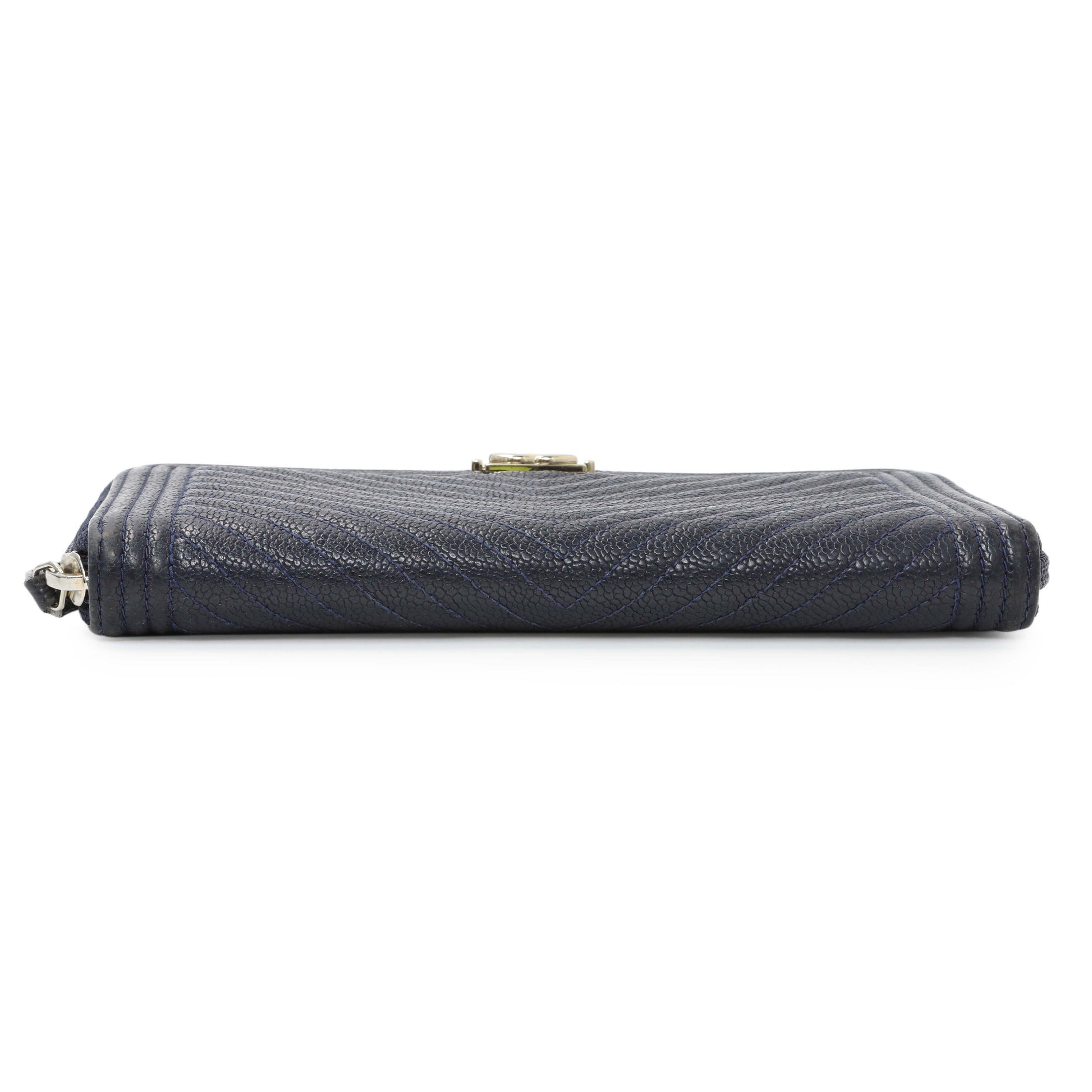 Exclusive Chanel Navy Chevron Quilted Caviar Boy Long Zip Around Wallet — Back View