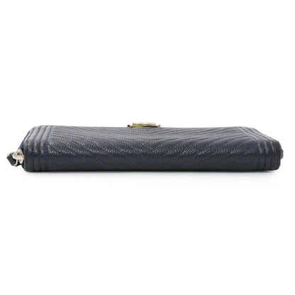 Exclusive Chanel Navy Chevron Quilted Caviar Boy Long Zip Around Wallet — Back View