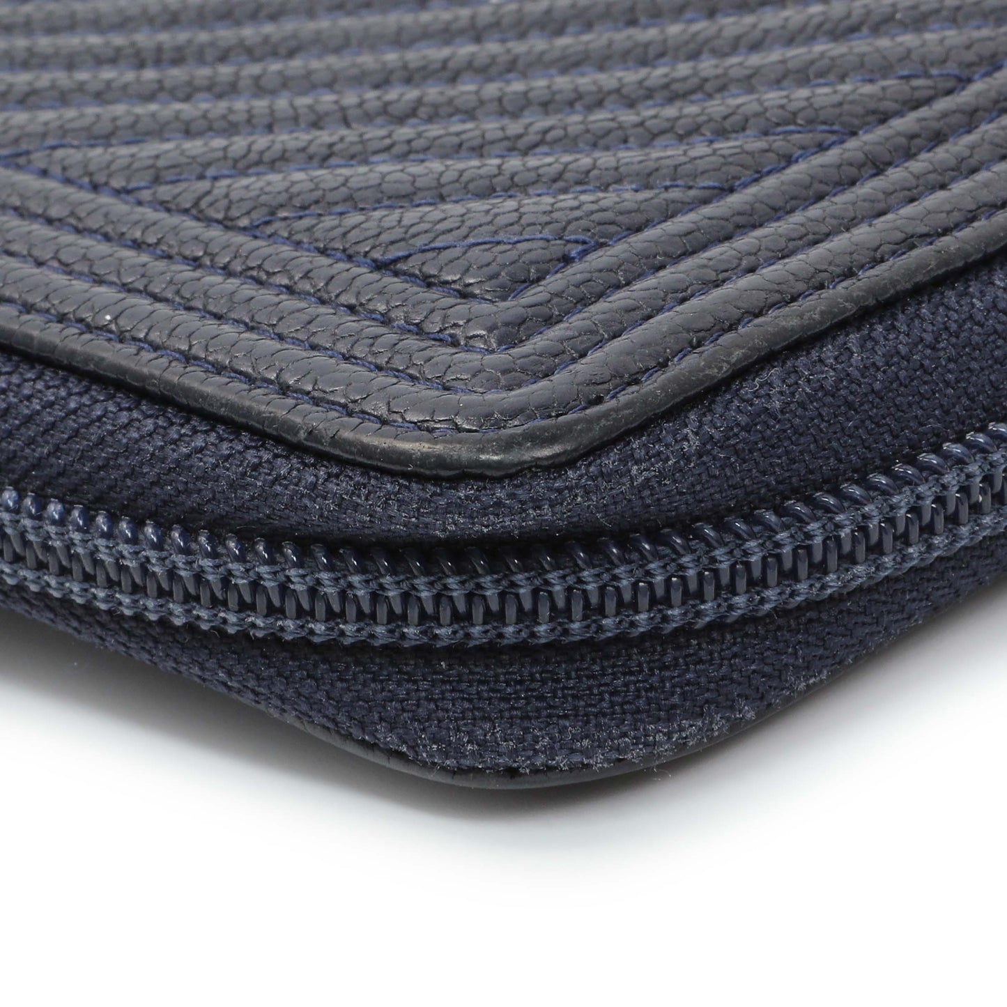 Exclusive Chanel Navy Chevron Quilted Caviar Boy Long Zip Around Wallet — Detail View