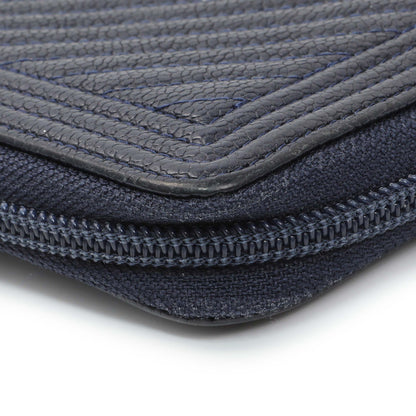 Exclusive Chanel Navy Chevron Quilted Caviar Boy Long Zip Around Wallet — Detail View