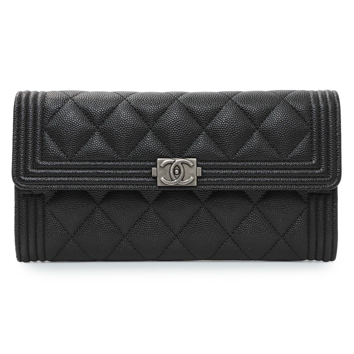 Exclusive Chanel Black Quilted Caviar Large Boy Gusset Flap Wallet — Front View