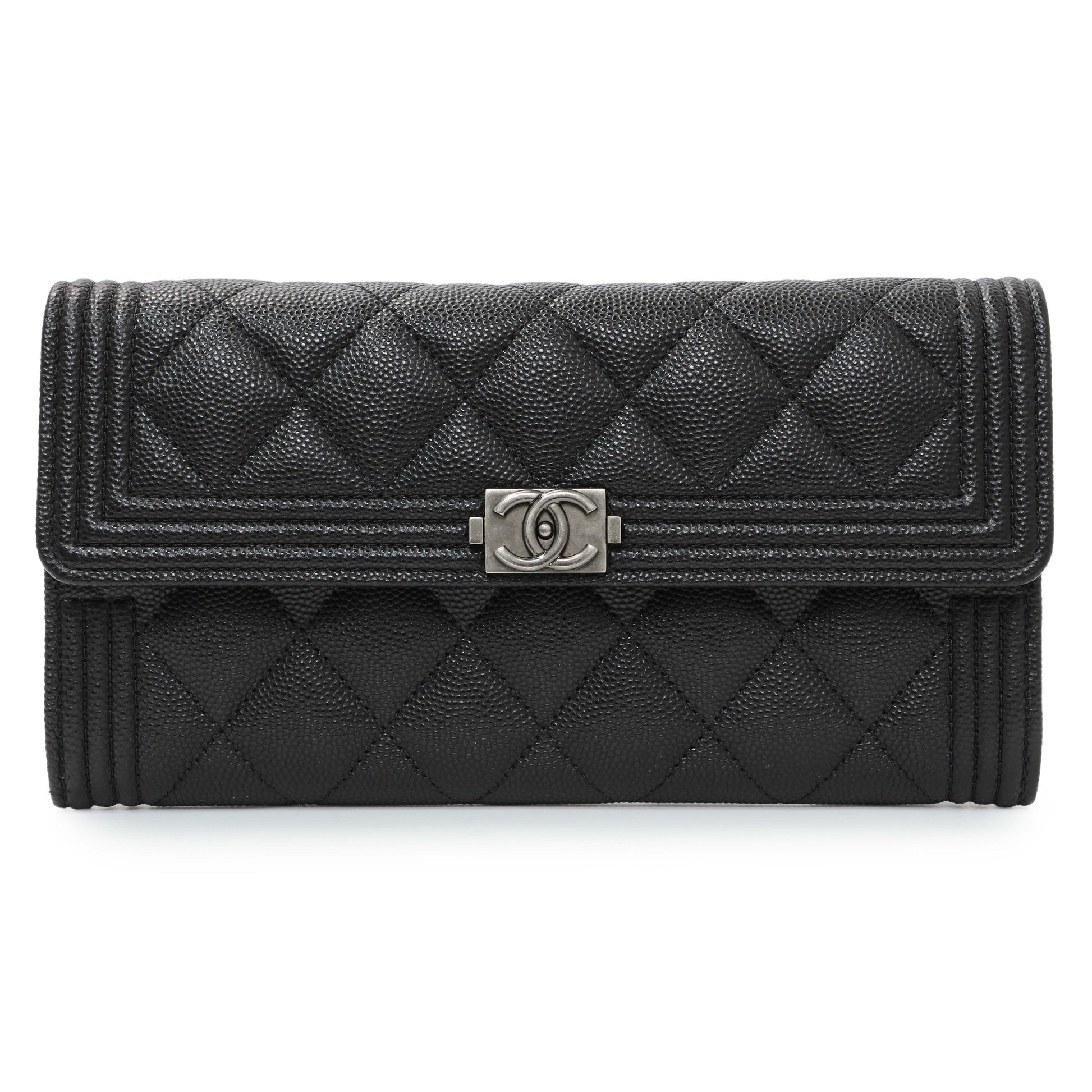 Exclusive Chanel Black Quilted Caviar Large Boy Gusset Flap Wallet — Front View