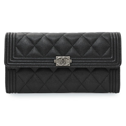 Exclusive Chanel Black Quilted Caviar Large Boy Gusset Flap Wallet — Front View