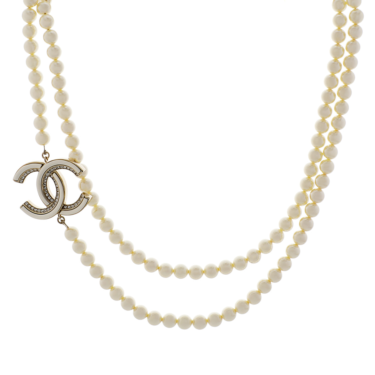 Exclusive Chanel Pearl Crystal CC Long Necklace — Front View