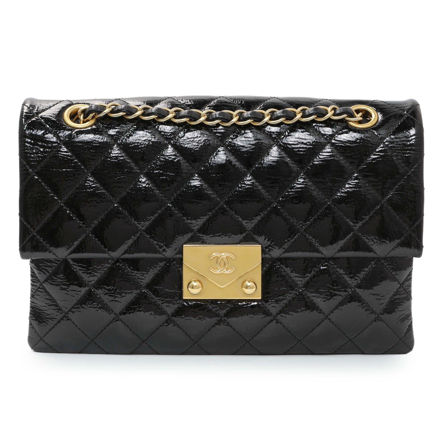 Exclusive Chanel Black Quilted Patent Pagoda Accordion Flap — Front View