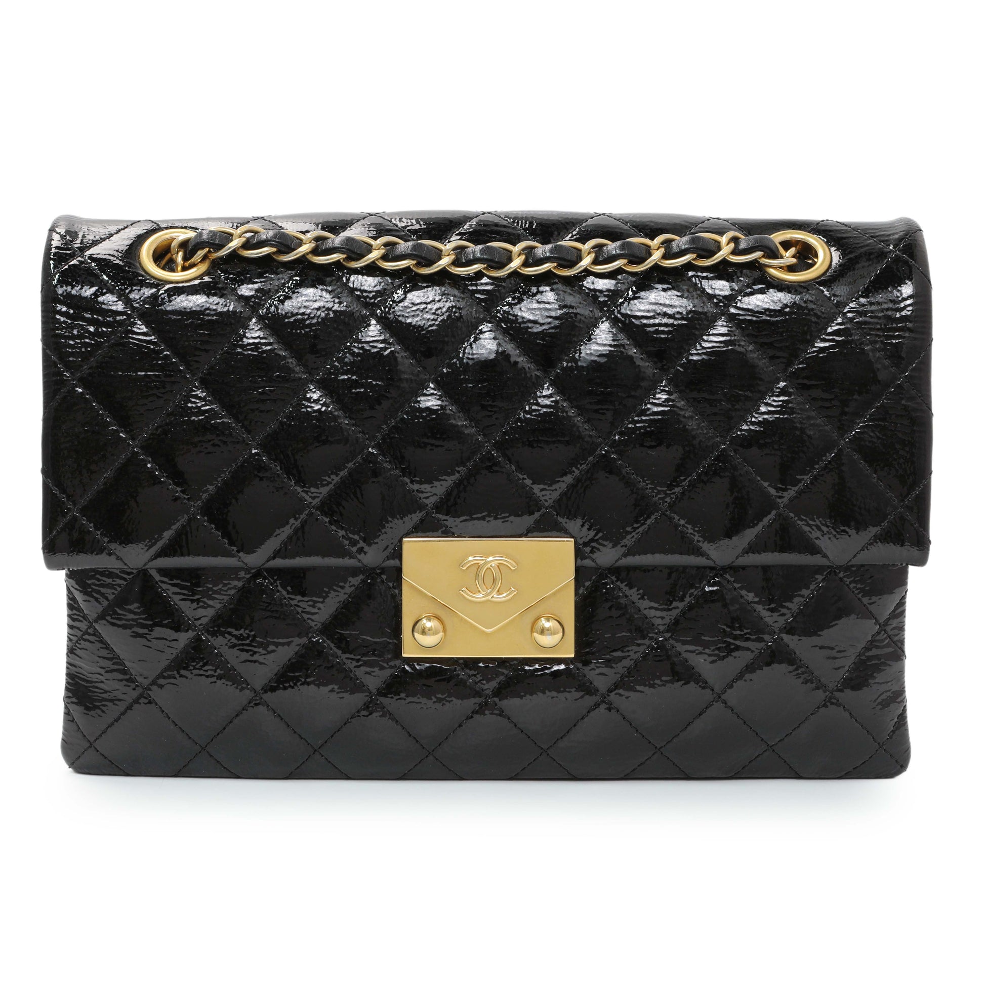 Exclusive Chanel Black Quilted Patent Pagoda Accordion Flap — Front View