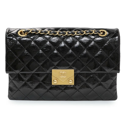 Exclusive Chanel Black Quilted Patent Pagoda Accordion Flap — Front View