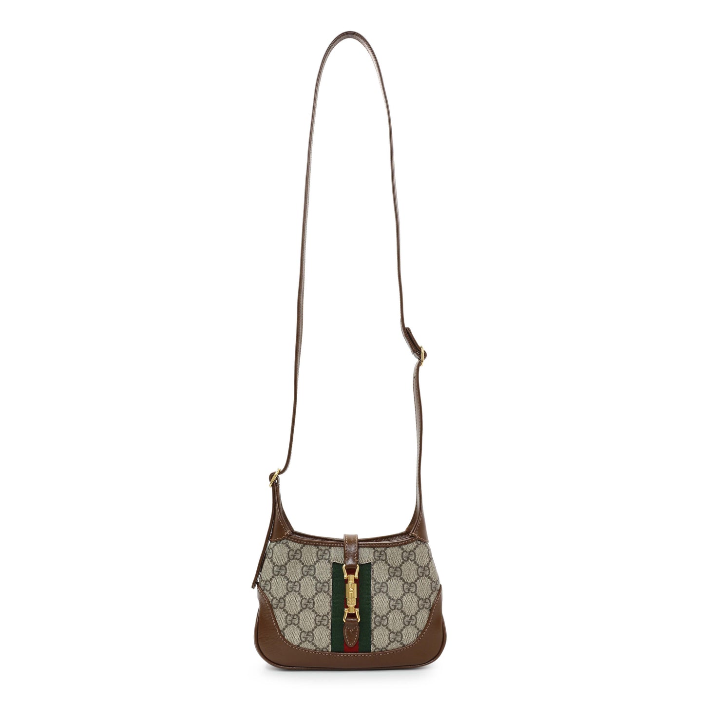 Exclusive Gucci Beige Ebony Brown Sugar GG Supreme Monogram Azalea Calfskin Web Mini Jackie 1961 Hobo — Front View