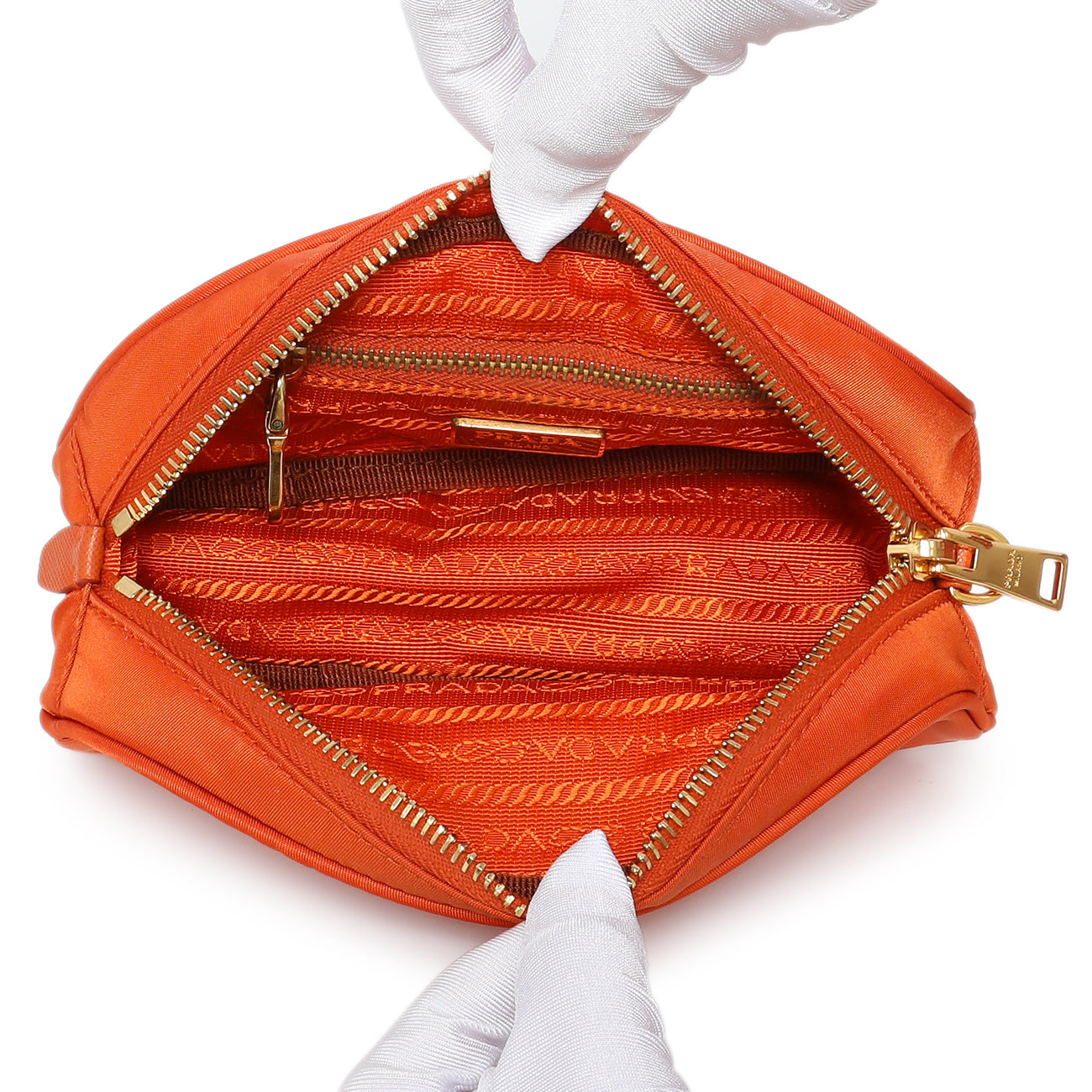 Exclusive Prada Papaya Tessuto Nylon Wristlet Pouch — Top View