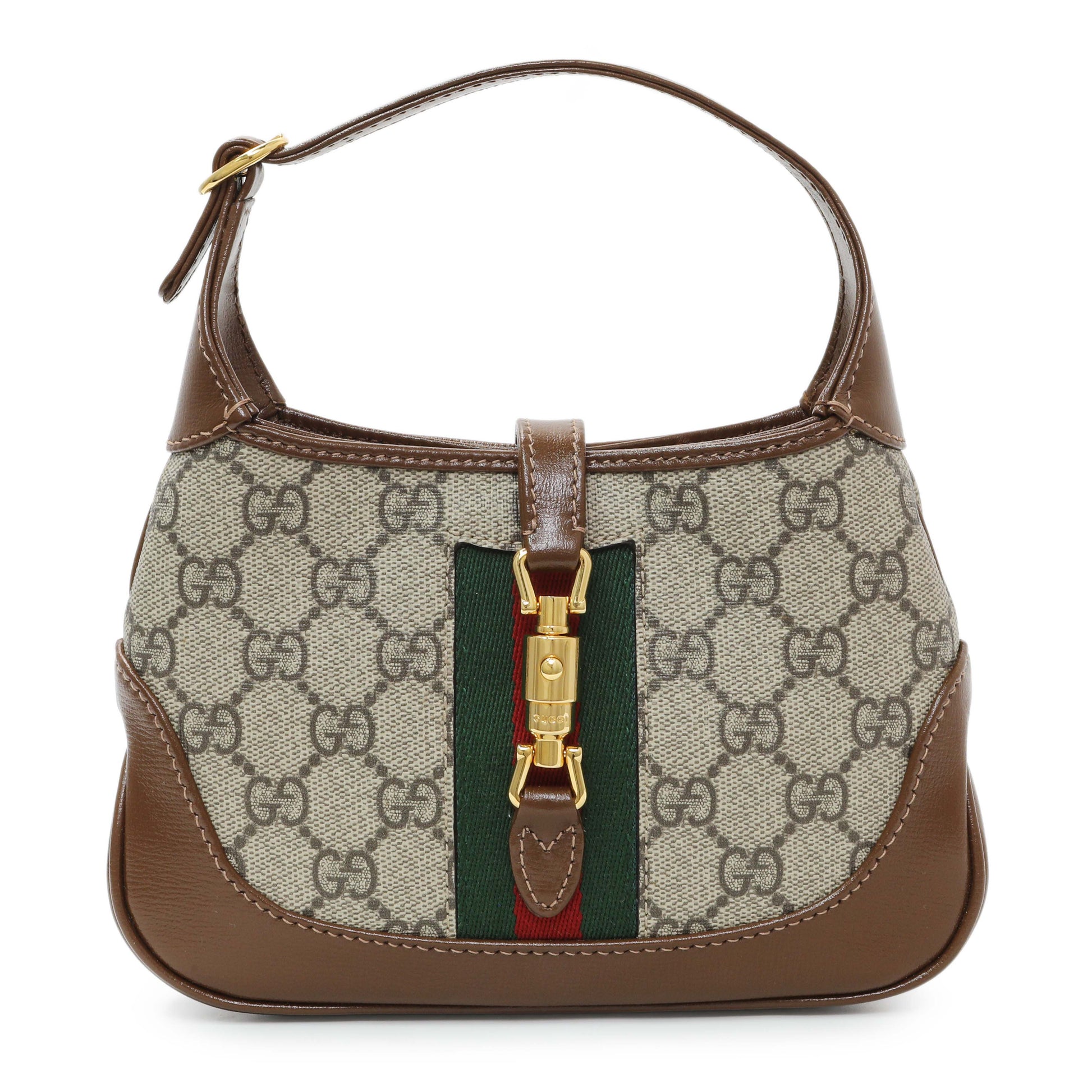Exclusive Gucci Beige Ebony Brown Sugar GG Supreme Monogram Azalea Calfskin Web Mini Jackie 1961 Hobo — Side View