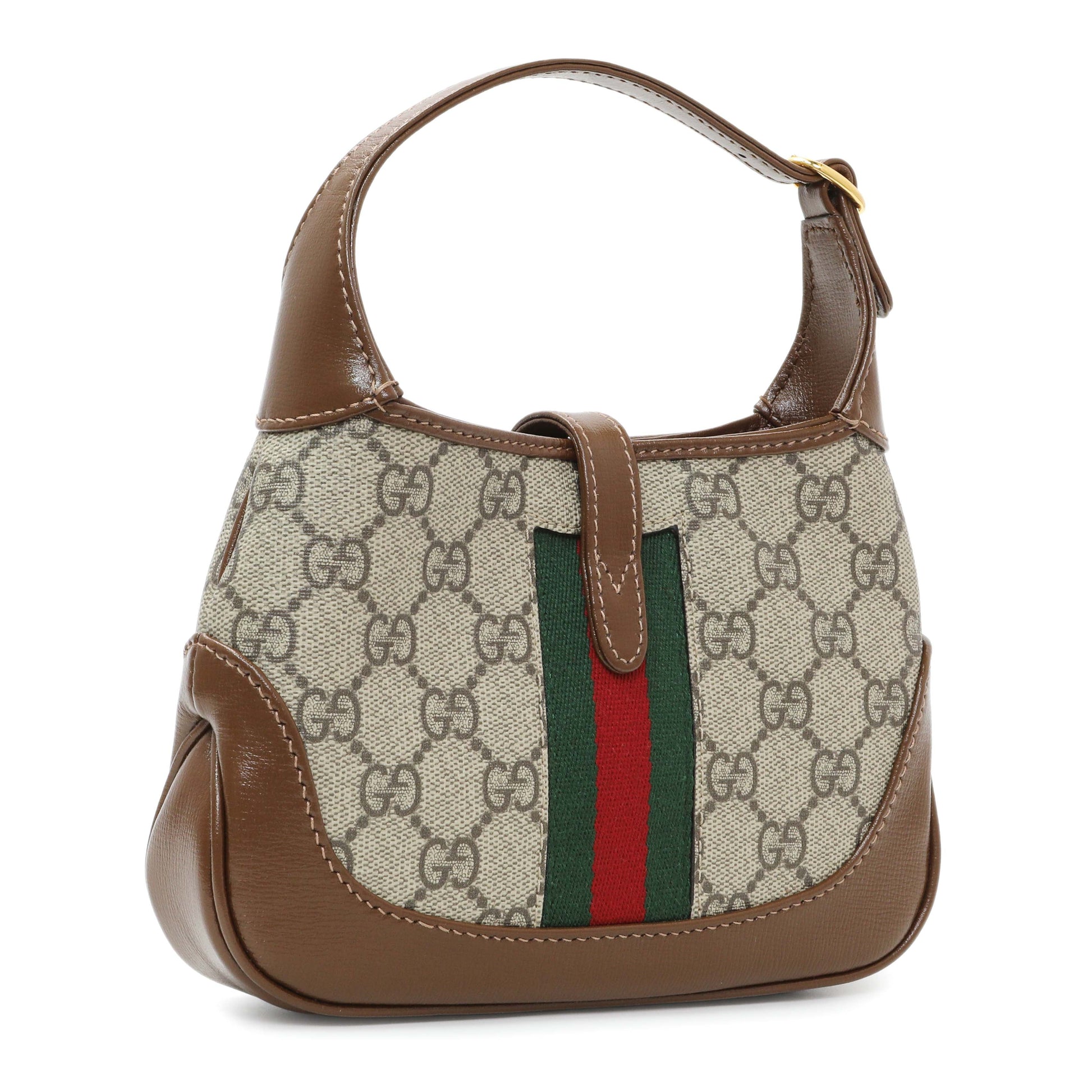 Exclusive Gucci Beige Ebony Brown Sugar GG Supreme Monogram Azalea Calfskin Web Mini Jackie 1961 Hobo — Back View