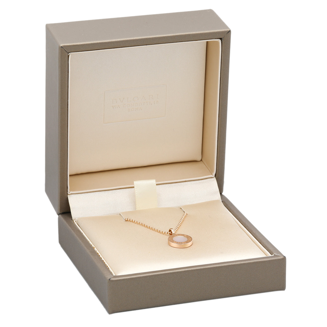 Exclusive Bulgari 18K Rose Gold Mother of Pearl Bvlgari Bvlgari Pendant Necklace — Top View