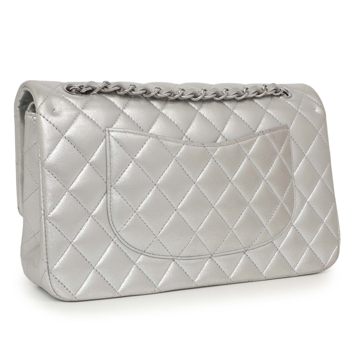 Exclusive Chanel Silver Quilted Calfskin Medium Classic Double Flap — Back View
