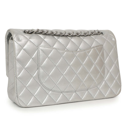 Exclusive Chanel Silver Quilted Calfskin Medium Classic Double Flap — Back View