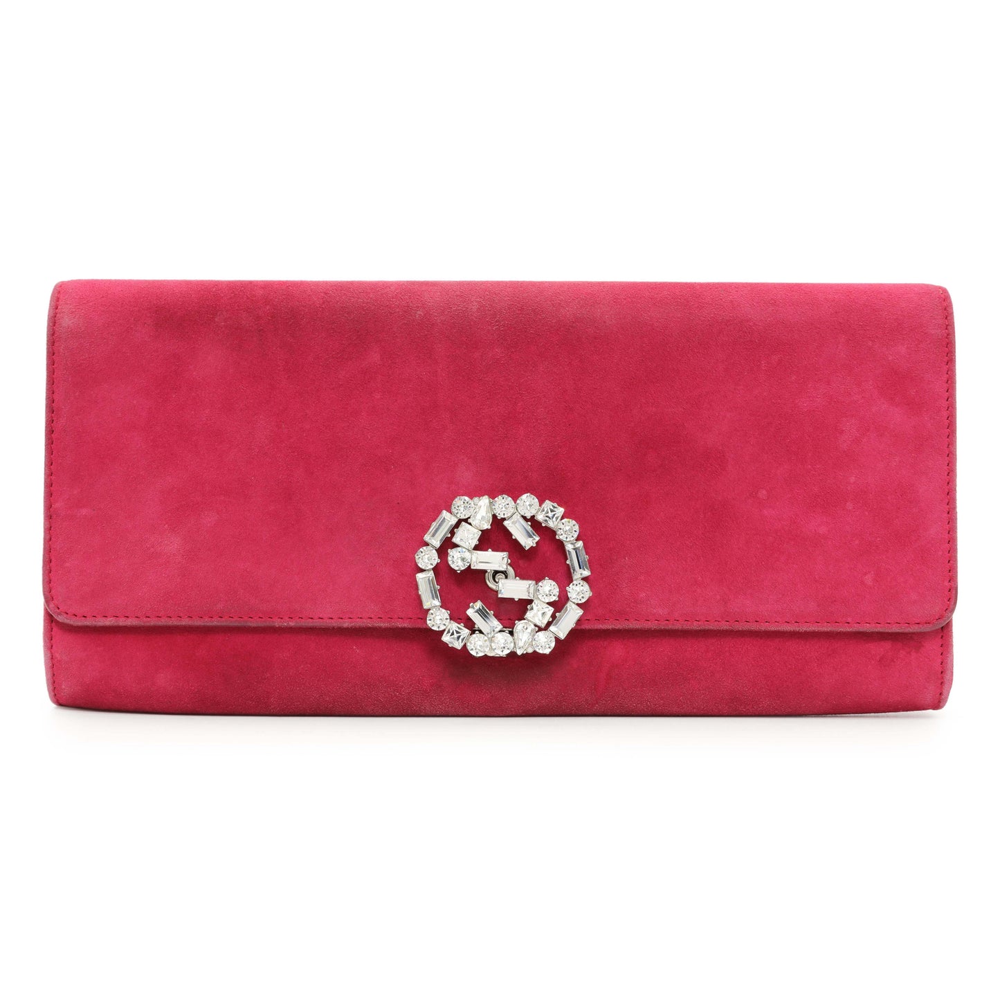 Exclusive Gucci Pink Suede Crystal Interlocking Clutch — Front View