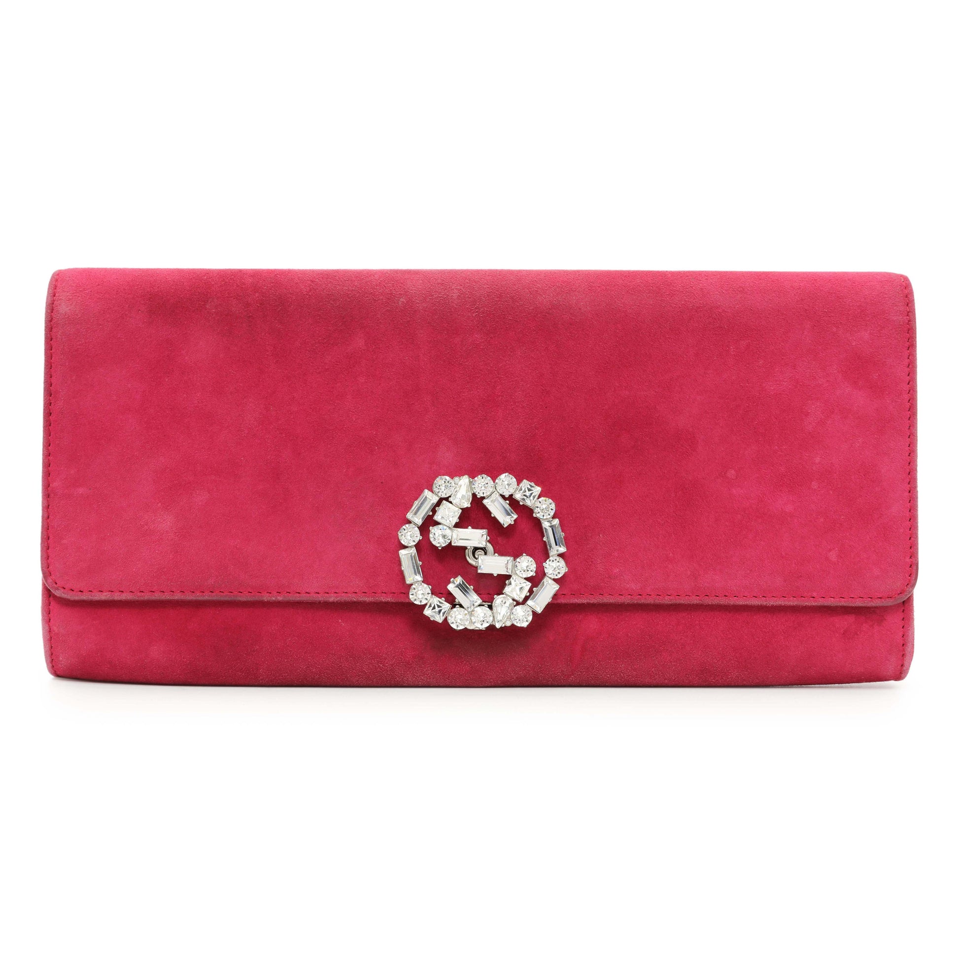 Exclusive Gucci Pink Suede Crystal Interlocking Clutch — Front View