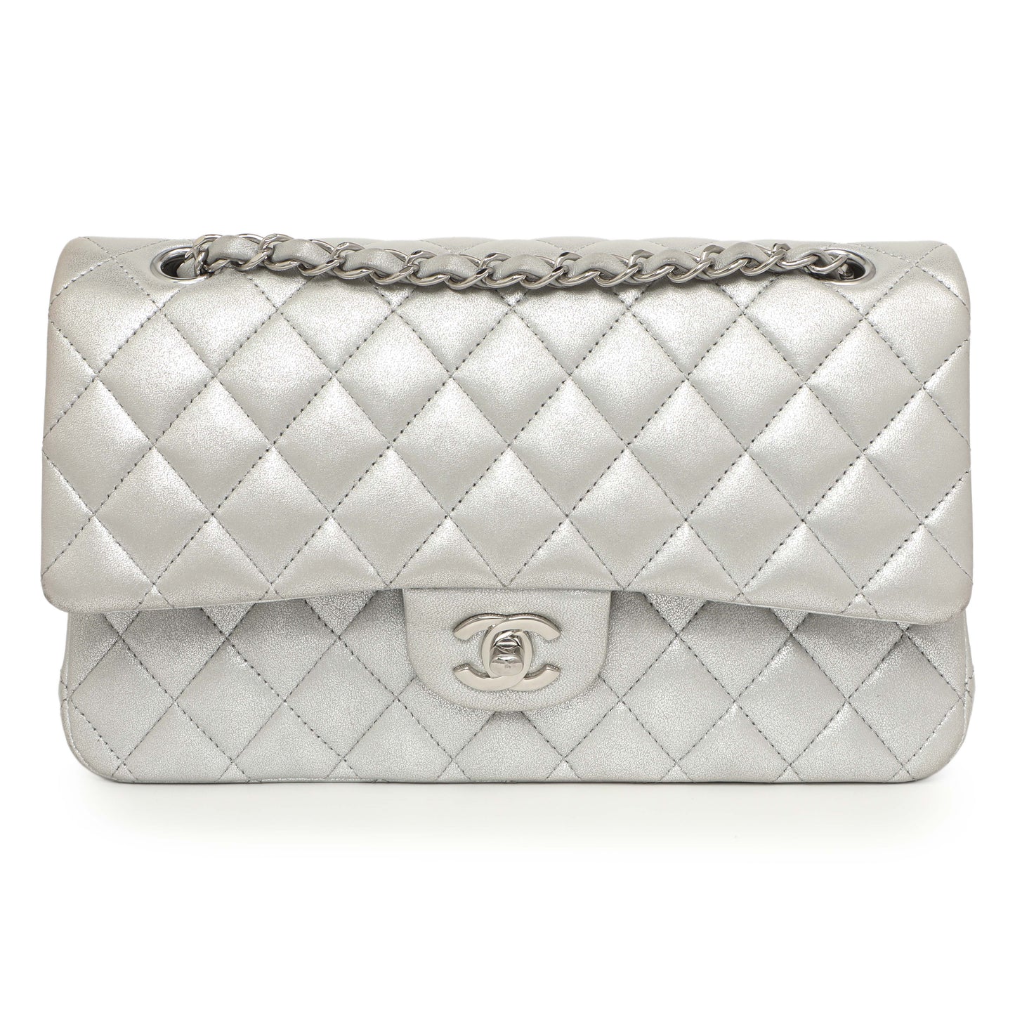 Exclusive Chanel Silver Quilted Calfskin Medium Classic Double Flap — Side View