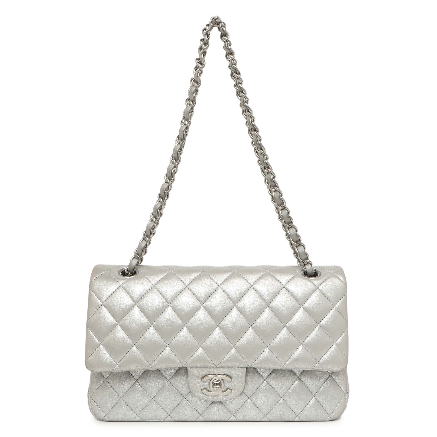 Exclusive Chanel Silver Quilted Calfskin Medium Classic Double Flap — Front View