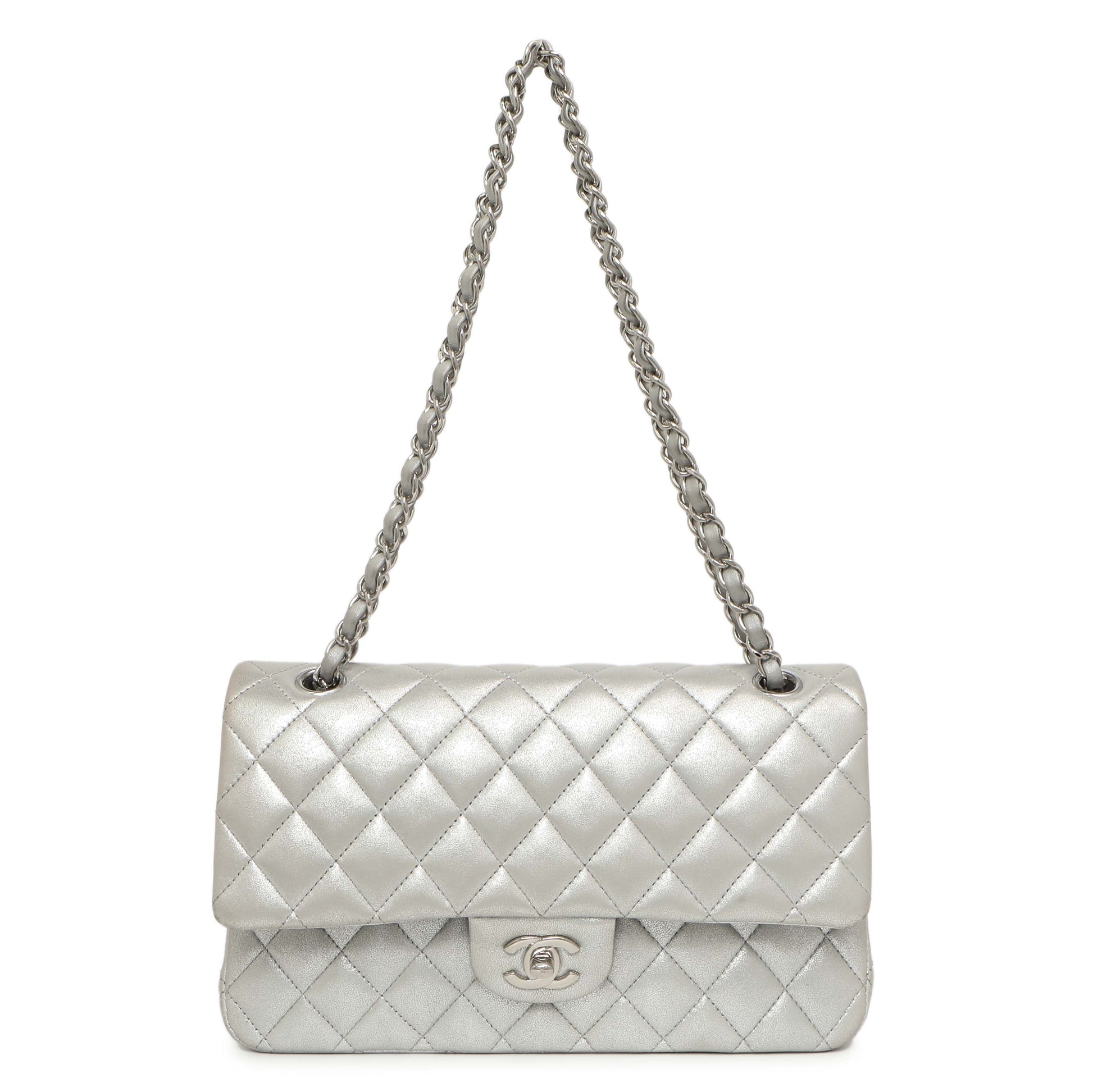 Exclusive Chanel Silver Quilted Calfskin Medium Classic Double Flap — Front View