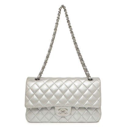Exclusive Chanel Silver Quilted Calfskin Medium Classic Double Flap — Front View