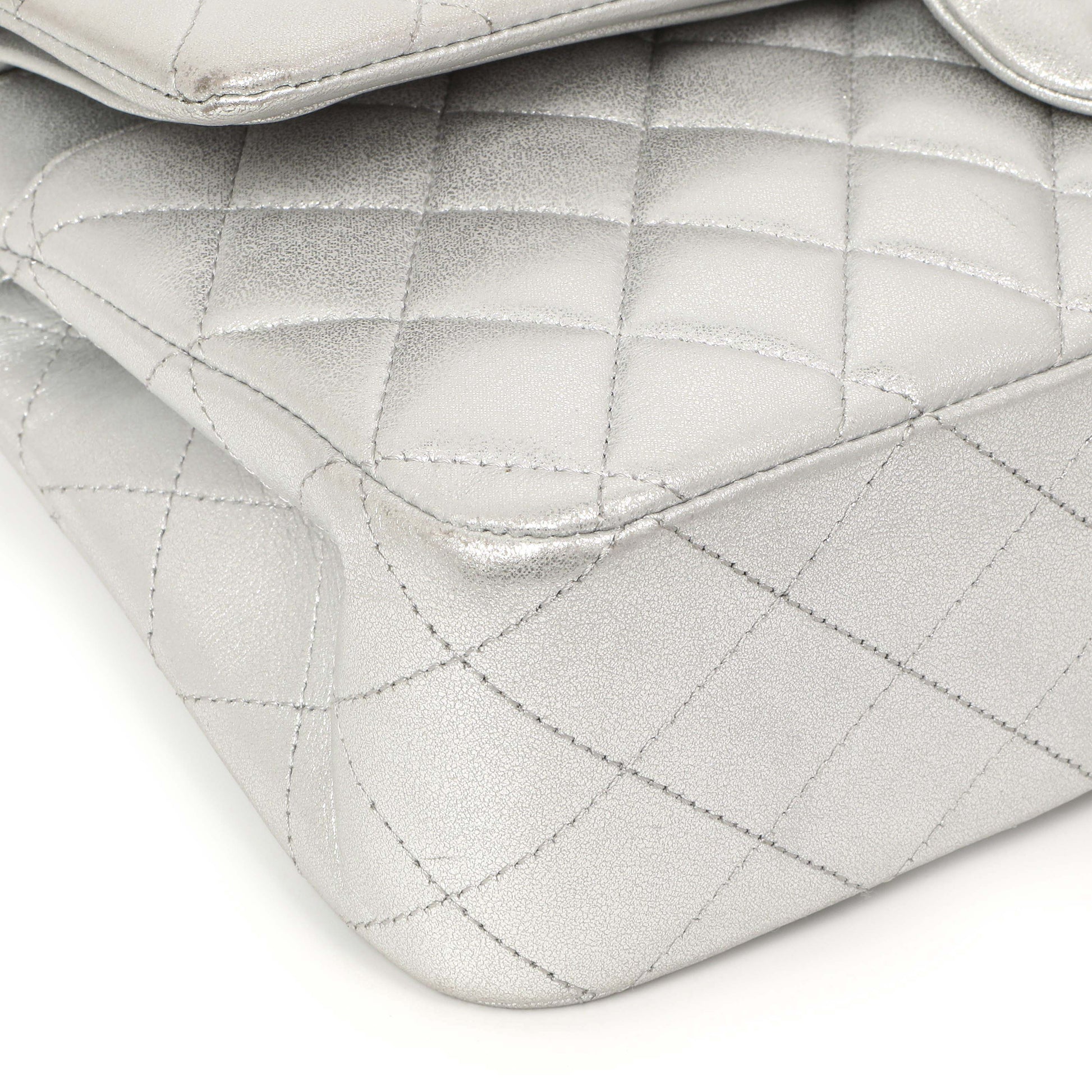 Exclusive Chanel Silver Quilted Calfskin Medium Classic Double Flap — Detail View