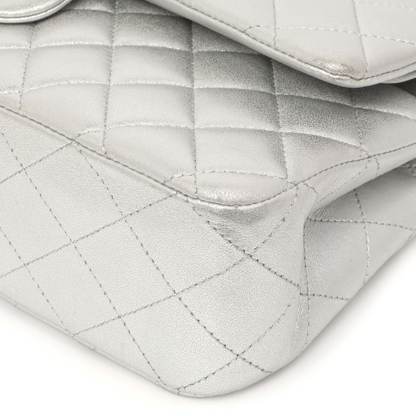 Exclusive Chanel Silver Quilted Calfskin Medium Classic Double Flap — Lifestyle View