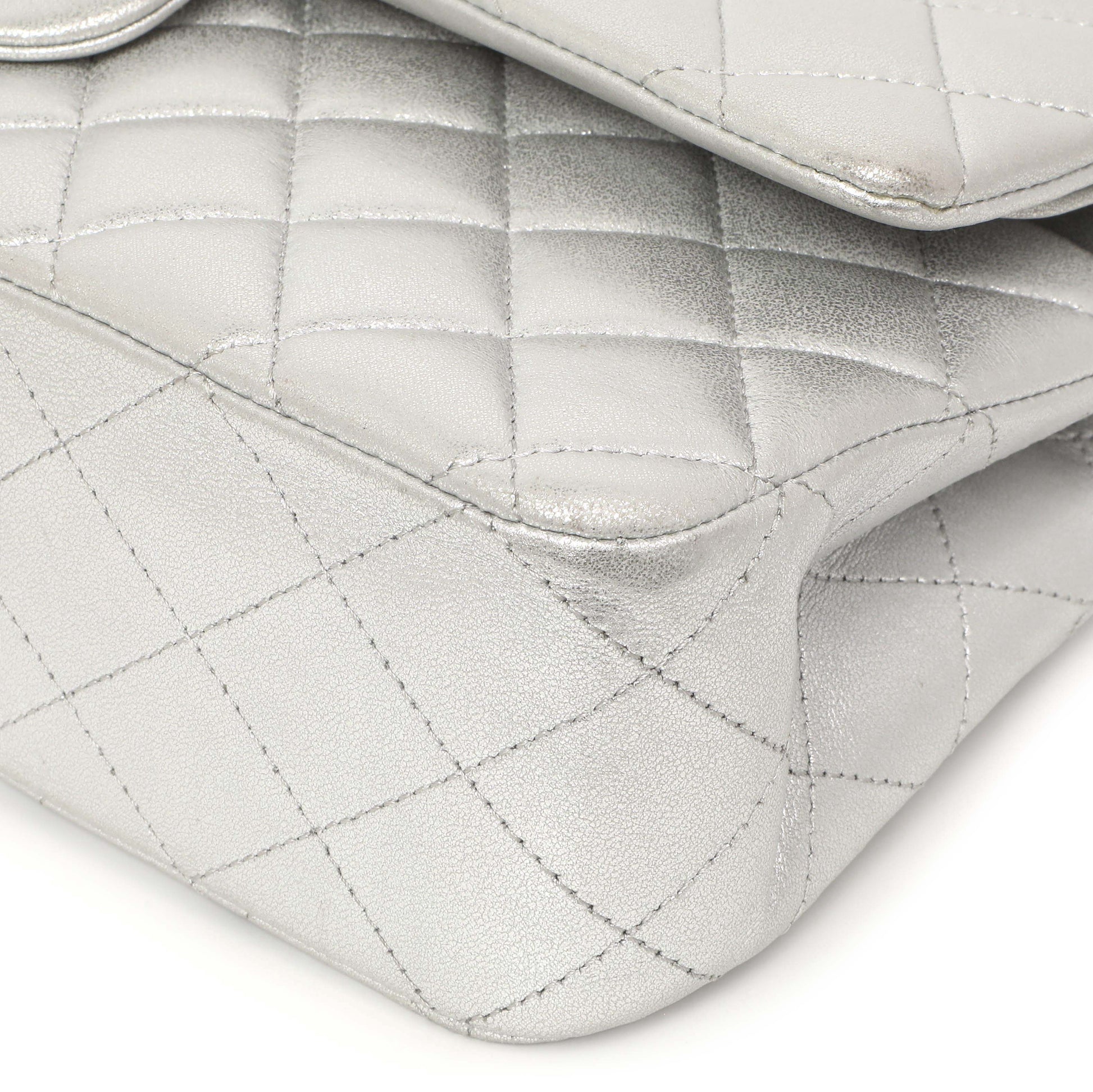 Exclusive Chanel Silver Quilted Calfskin Medium Classic Double Flap — Lifestyle View