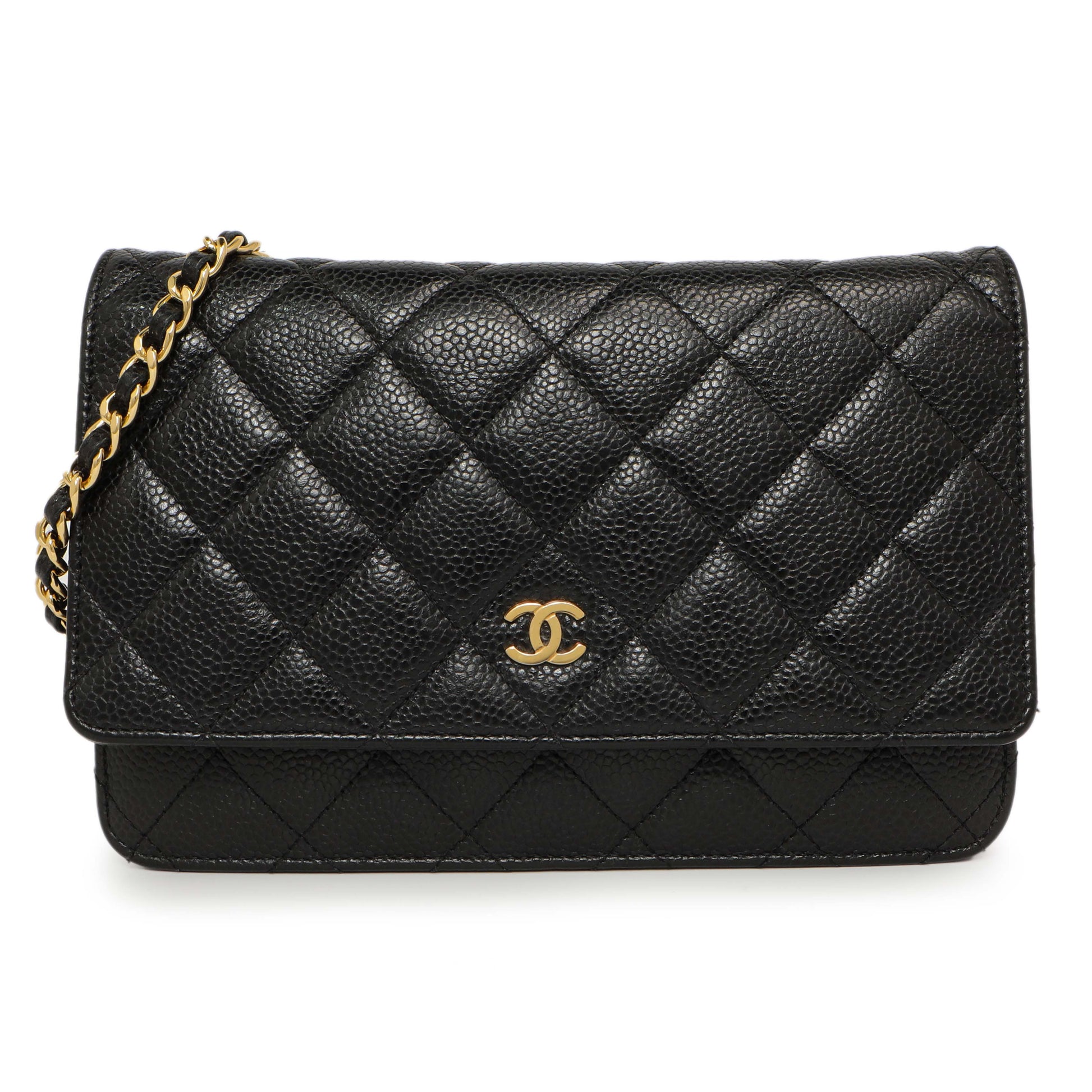 Exclusive Chanel Black Quilted Caviar Classic Wallet on Chain WOC — Front View