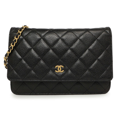 Exclusive Chanel Black Quilted Caviar Classic Wallet on Chain WOC — Front View