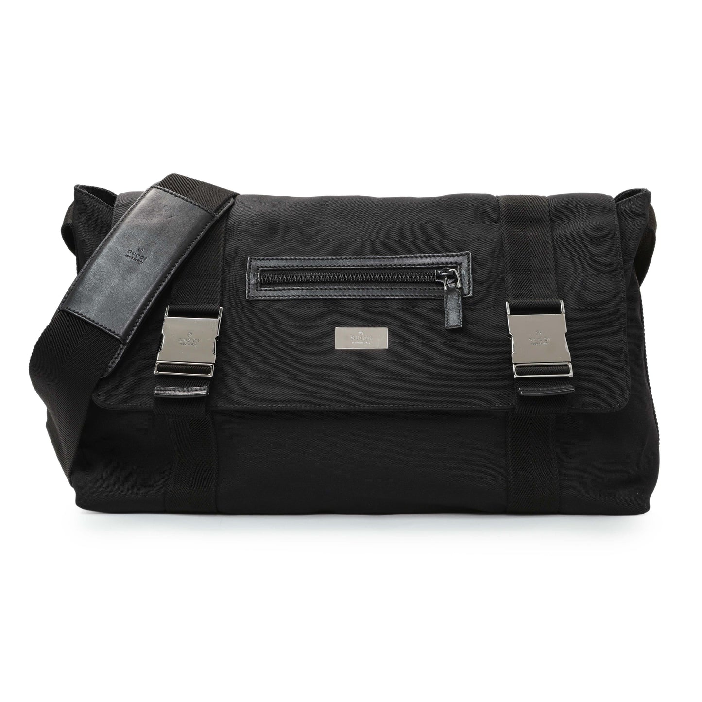 Exclusive Gucci Black Nylon Messenger Crossbody Shoulder Bag — Front View