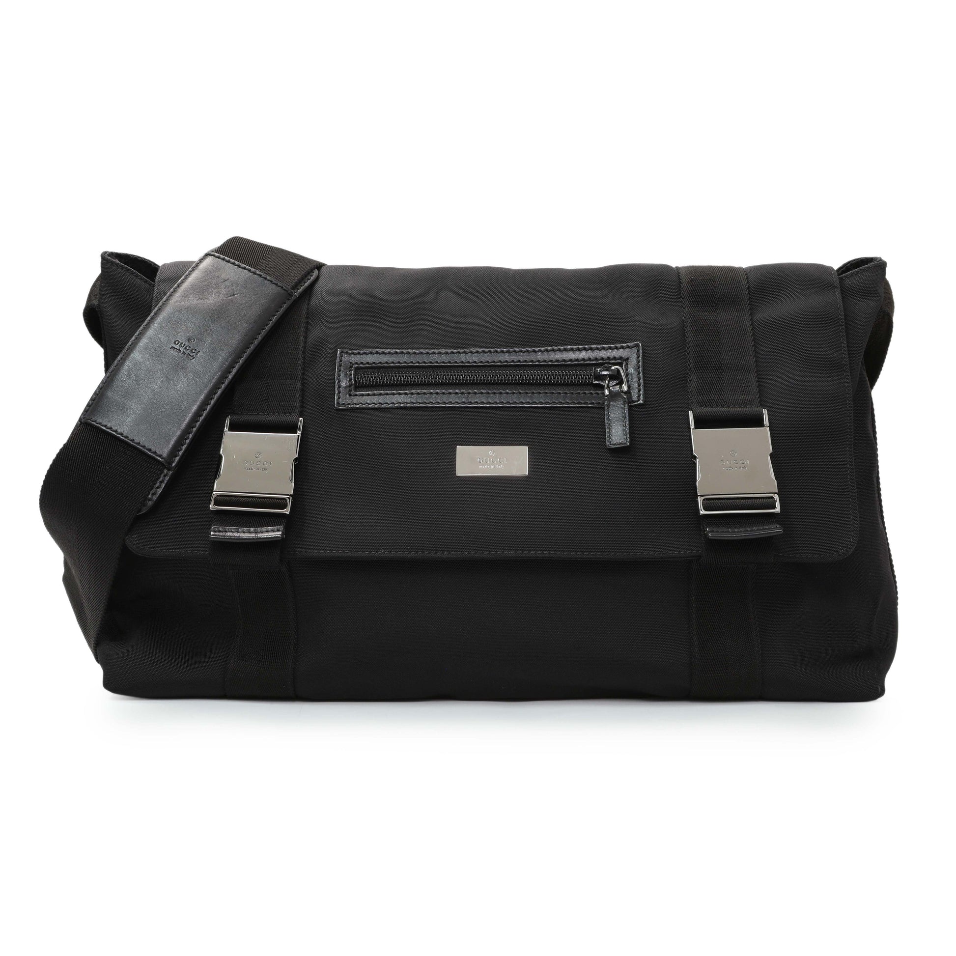 Exclusive Gucci Black Nylon Messenger Crossbody Shoulder Bag — Front View