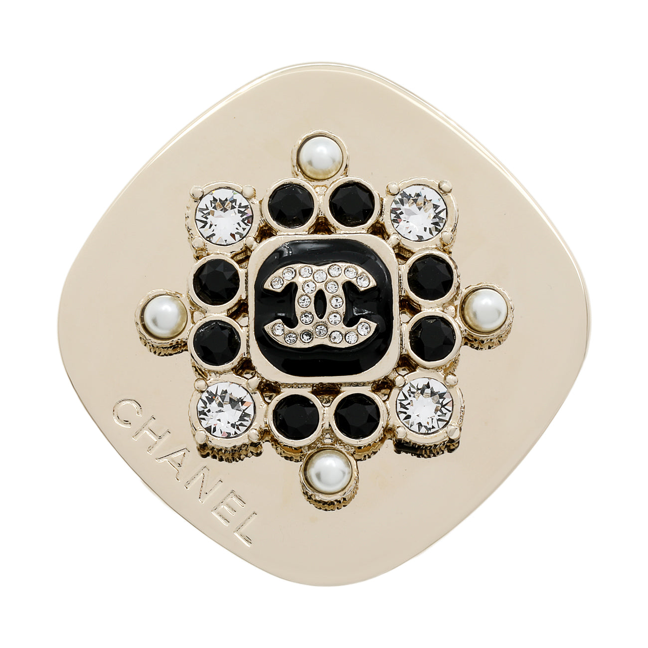 Exclusive Chanel Crystal Pearl CC Brooch — Front View