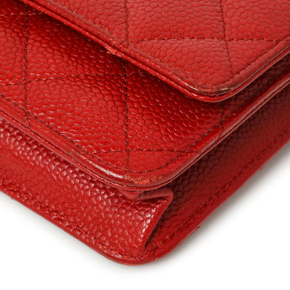 Exclusive Chanel Red Quilted Caviar Classic Wallet on Chain WOC — Detail View
