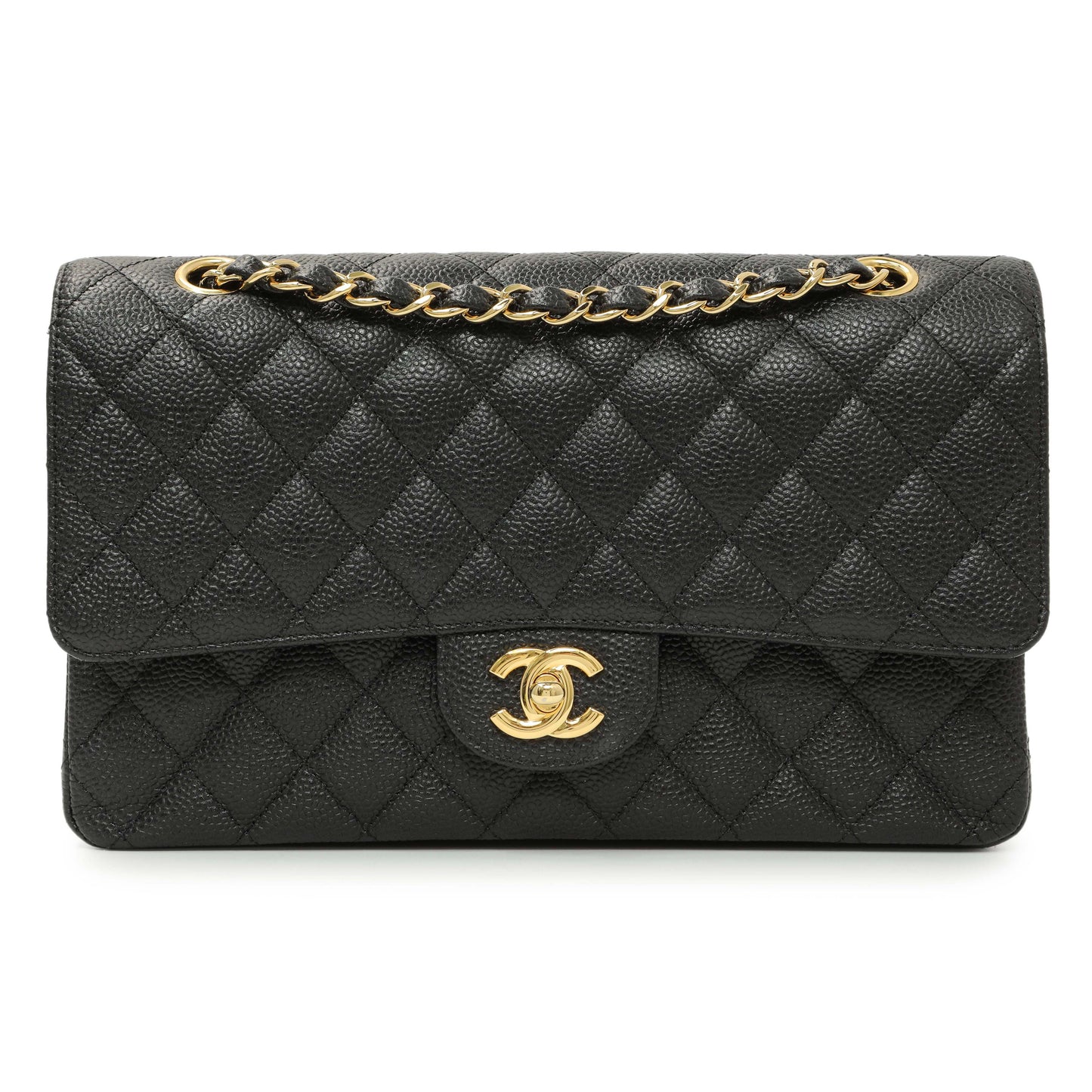 Exclusive Chanel Black Quilted Caviar Medium Classic Double Flap — Front View
