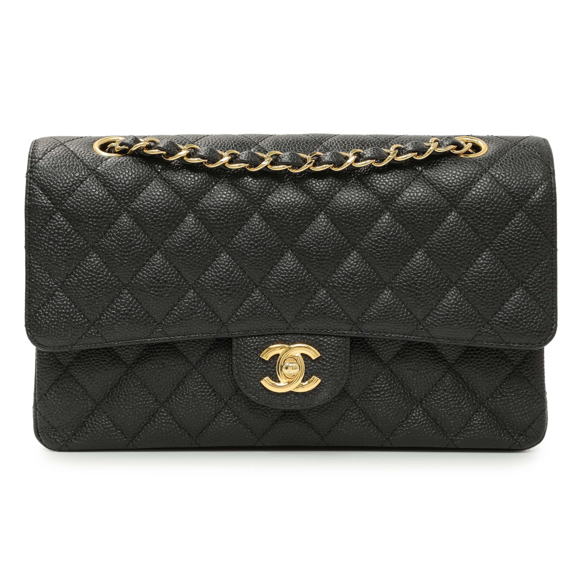 Exclusive Chanel Black Quilted Caviar Medium Classic Double Flap — Front View